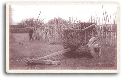 An old farm wagon in a New Mecxico yard, with coyote fence and adobe brick wall circa 1890