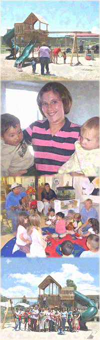 Children at play outdoors at the ElCentro de los Ninos playground, Volunteers sing and play music with toddlers, The staff assembles for a group photo.